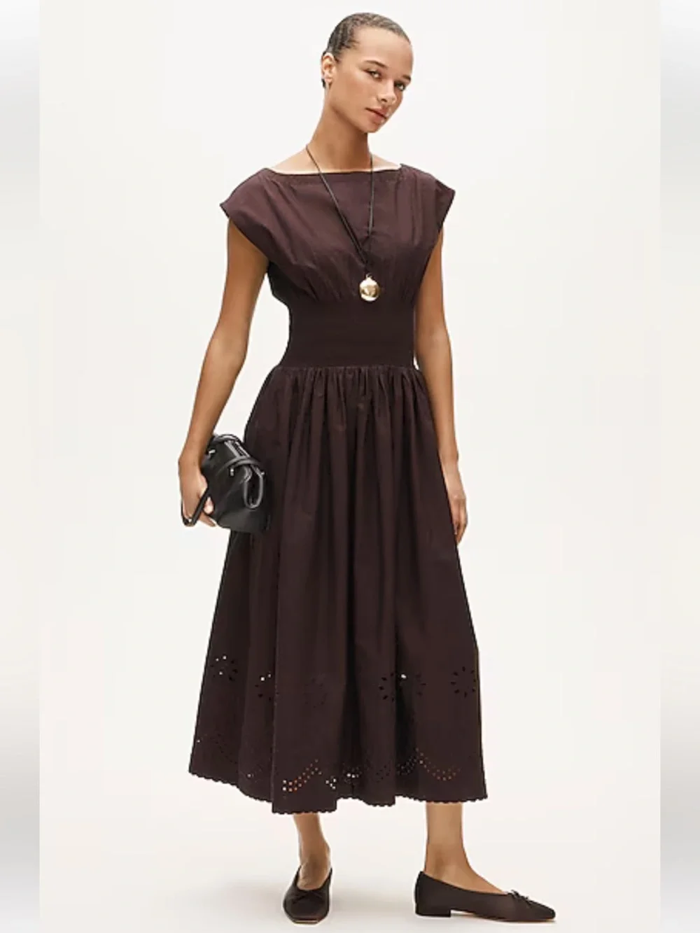 NWT J. Crew Smocked Eyelet-Hem Dress Brown Sz Medium Tall